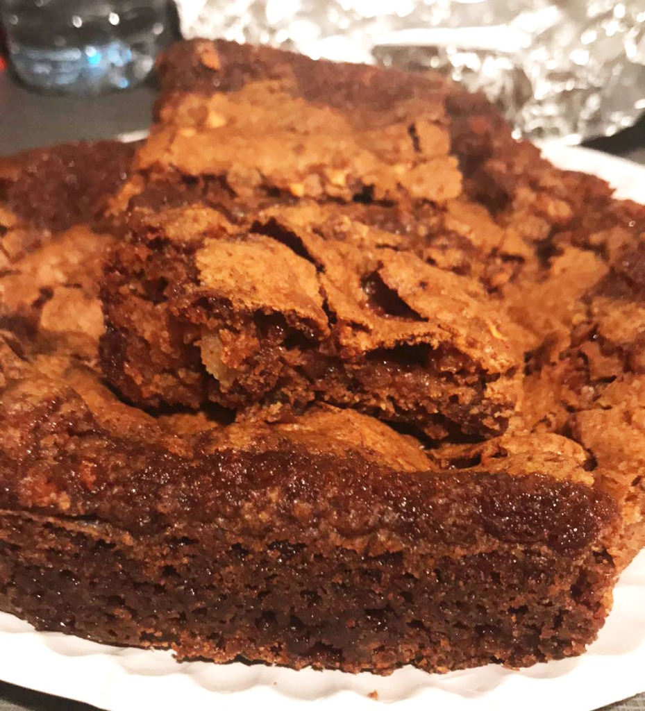 Baked apple cake with almost brownie texture.